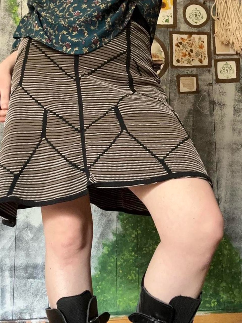 Striped Geometric A-Line Skirt in Black and Beige